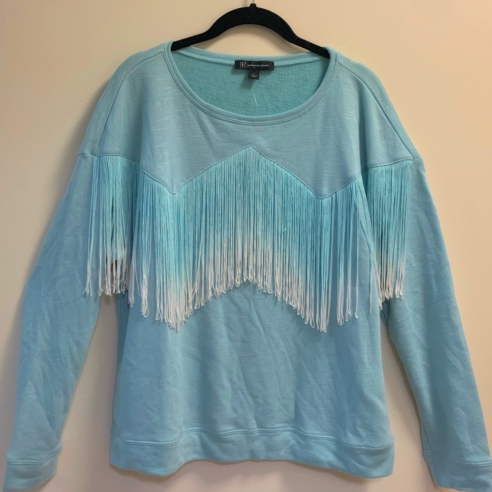 INC Women Dip Dye Fringe Sweater Top Green Mist L